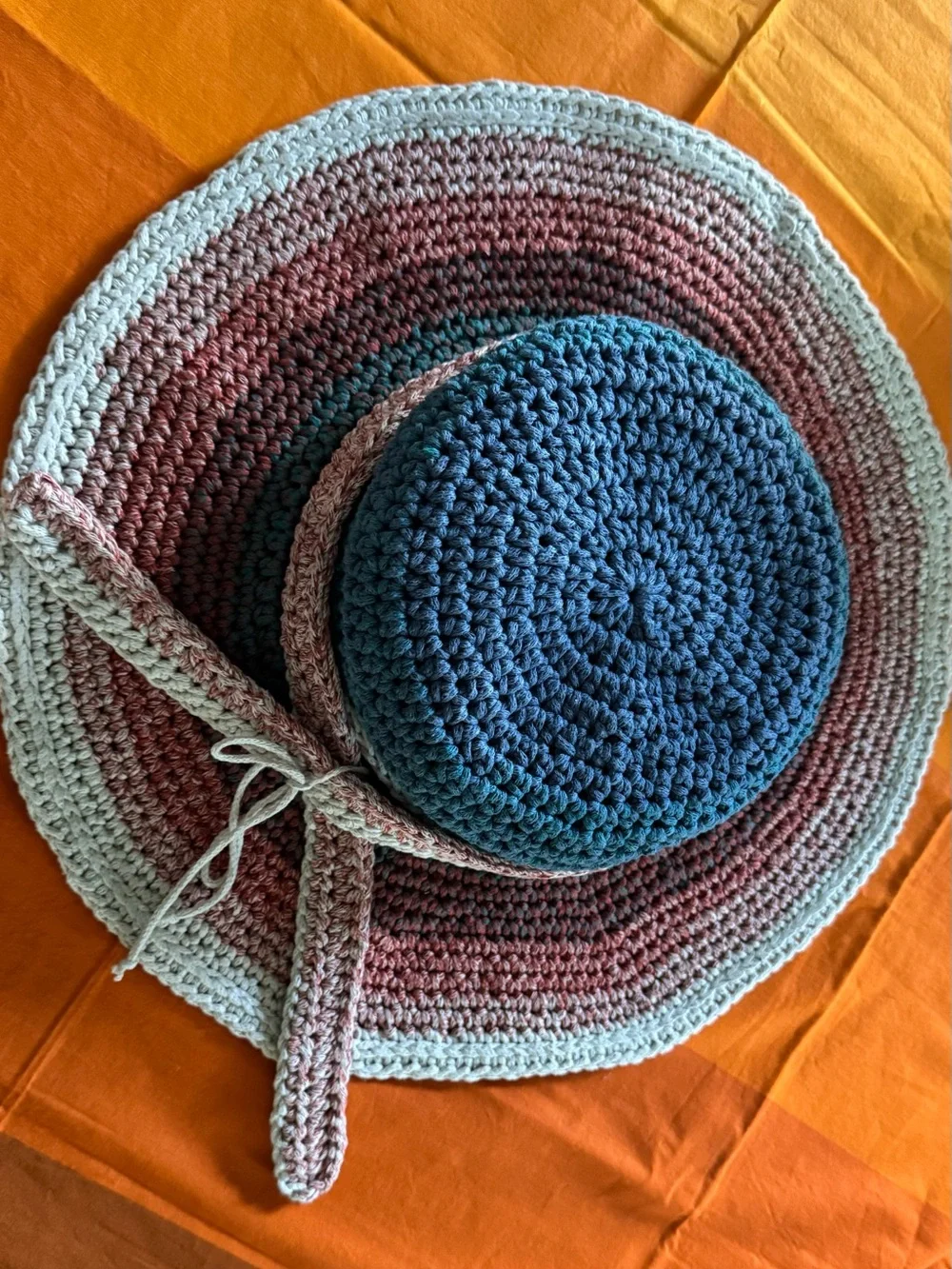 Handmade Crocheted Sun Hat in Teal, Coral & Cream